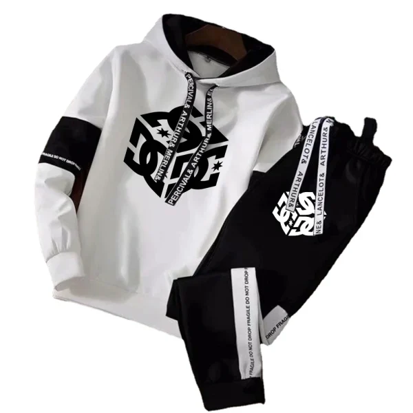 Mens Tracksuit Warm Hooded  2-Pcs Sets Winter High Quality Black White Top +Pantsgging Clothing