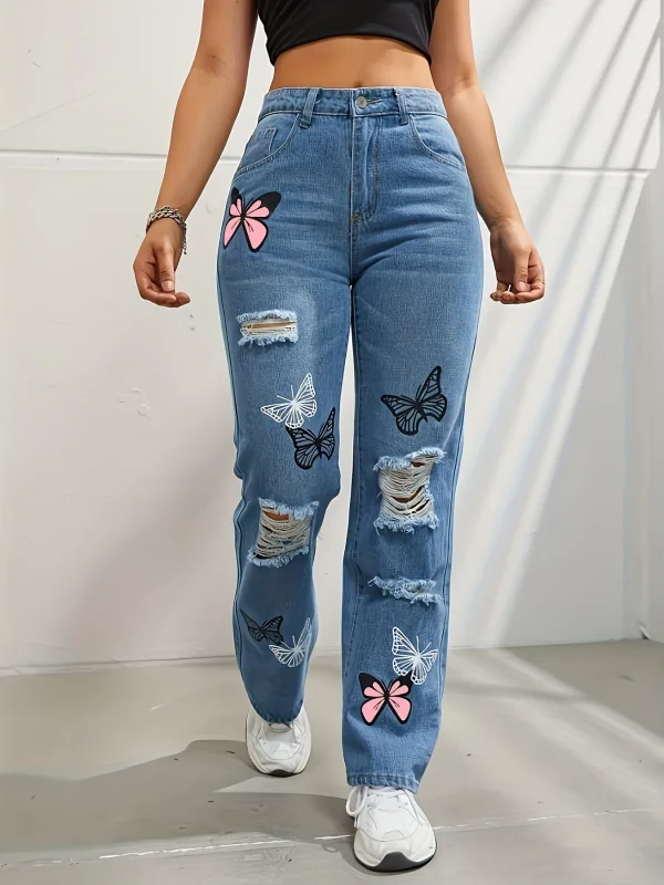 2025 Women Butterfly Printing Straight High Waist Jeans Trousers - Image 2