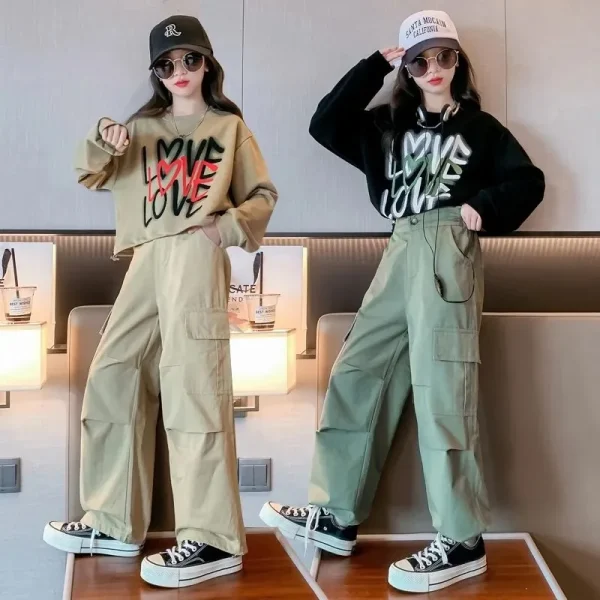 2025 autumn winter Kids tracksuit Children set Girls Clothes loose T-Shirt + wide leg Cargo Pants Teenager 10 11 12 year spring - Image 2