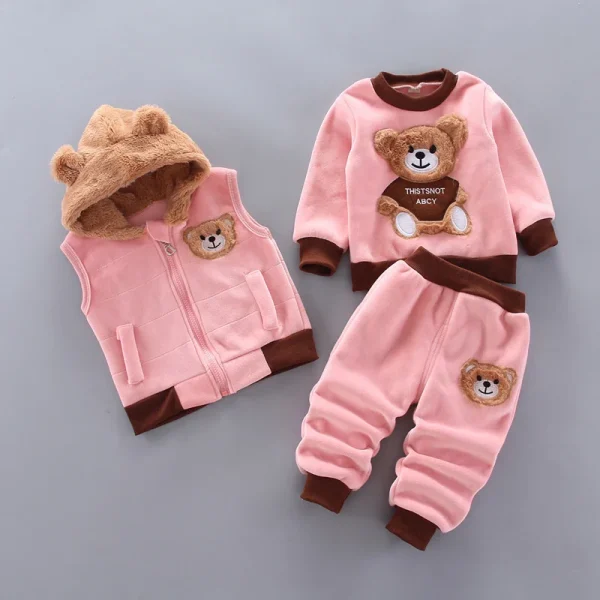 Winter Baby Clothing Boys Girls Thick Velvet Warm Hooded Outfits Cartoon Cute Bear 3Pcs kids Suits. - Image 3