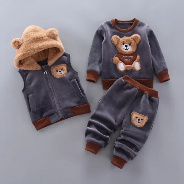Winter Baby Clothing Boys Girls Thick Velvet Warm Hooded Outfits Cartoon Cute Bear 3Pcs kids Suits. - Image 4
