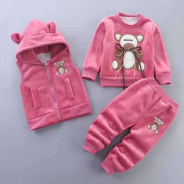 Winter Baby Clothing Boys Girls Thick Velvet Warm Hooded Outfits Cartoon Cute Bear 3Pcs kids Suits.