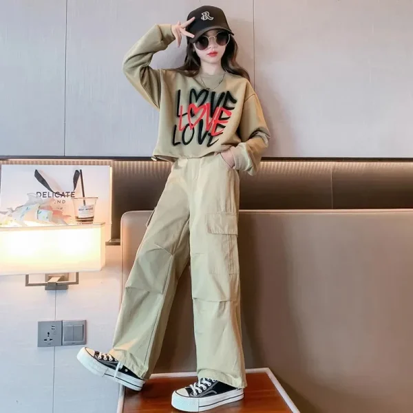 2025 autumn winter Kids tracksuit Children set Girls Clothes loose T-Shirt + wide leg Cargo Pants Teenager 10 11 12 year spring - Image 5